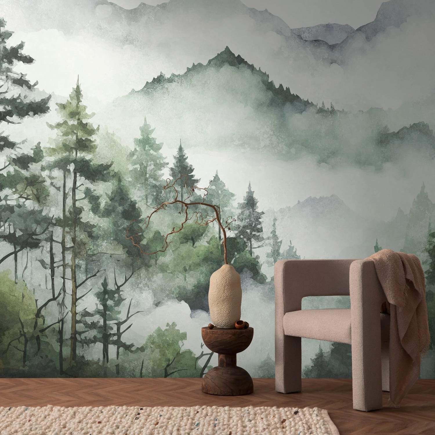 PROFHOME 398991-GU Fototapete Wald Matt Grün Weiß Grau 3,71 m x 2,8 m 0,53 günstig online kaufen