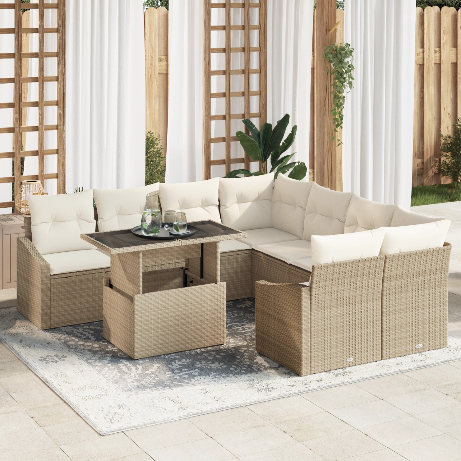 Beige 9-tlg. vidaXL Garten-Sofagarnitur aus Rattan mit Tisch und Kissen.