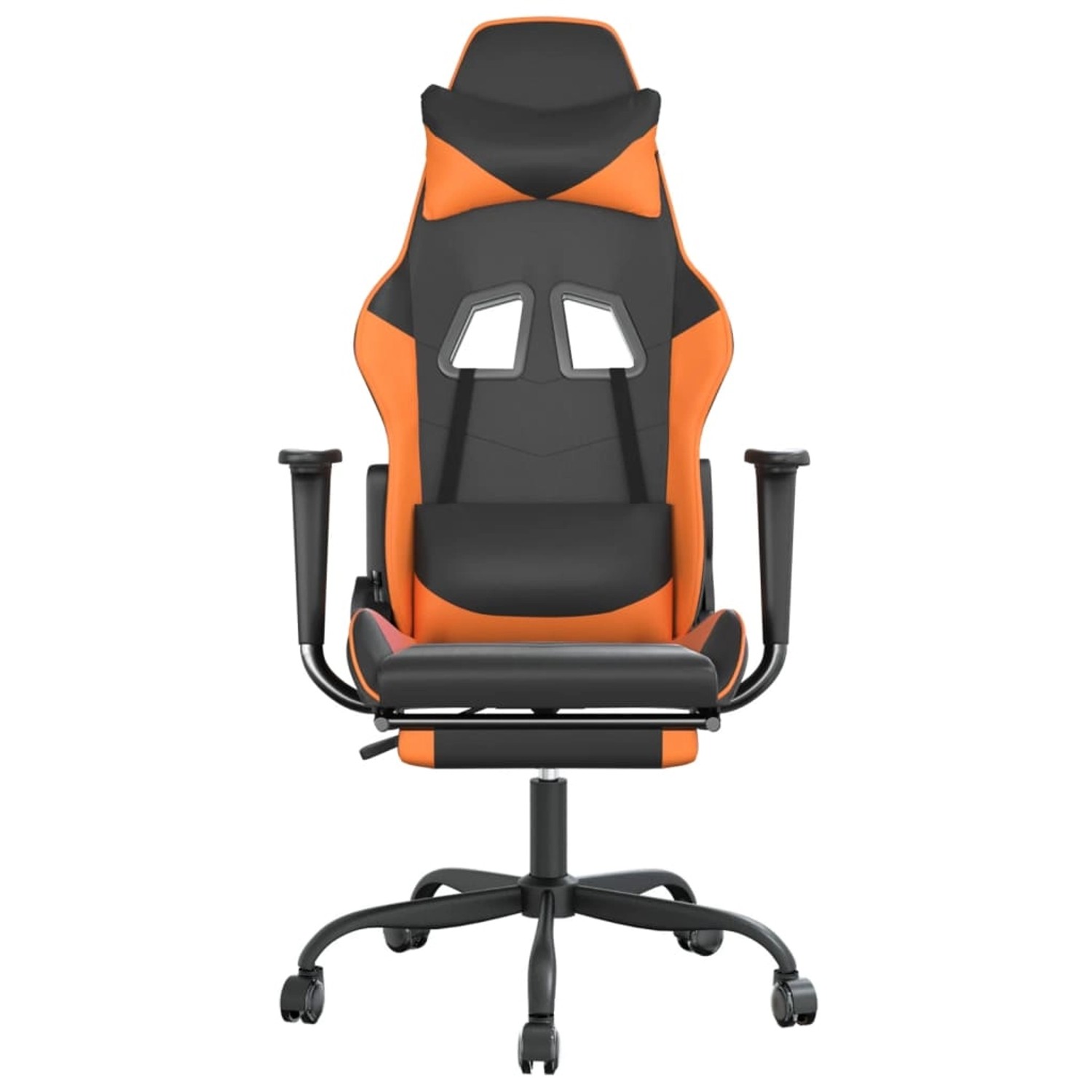 Gaming-Stuhl in Schwarz und Orange mit Fußstütze und Massagefunktion.