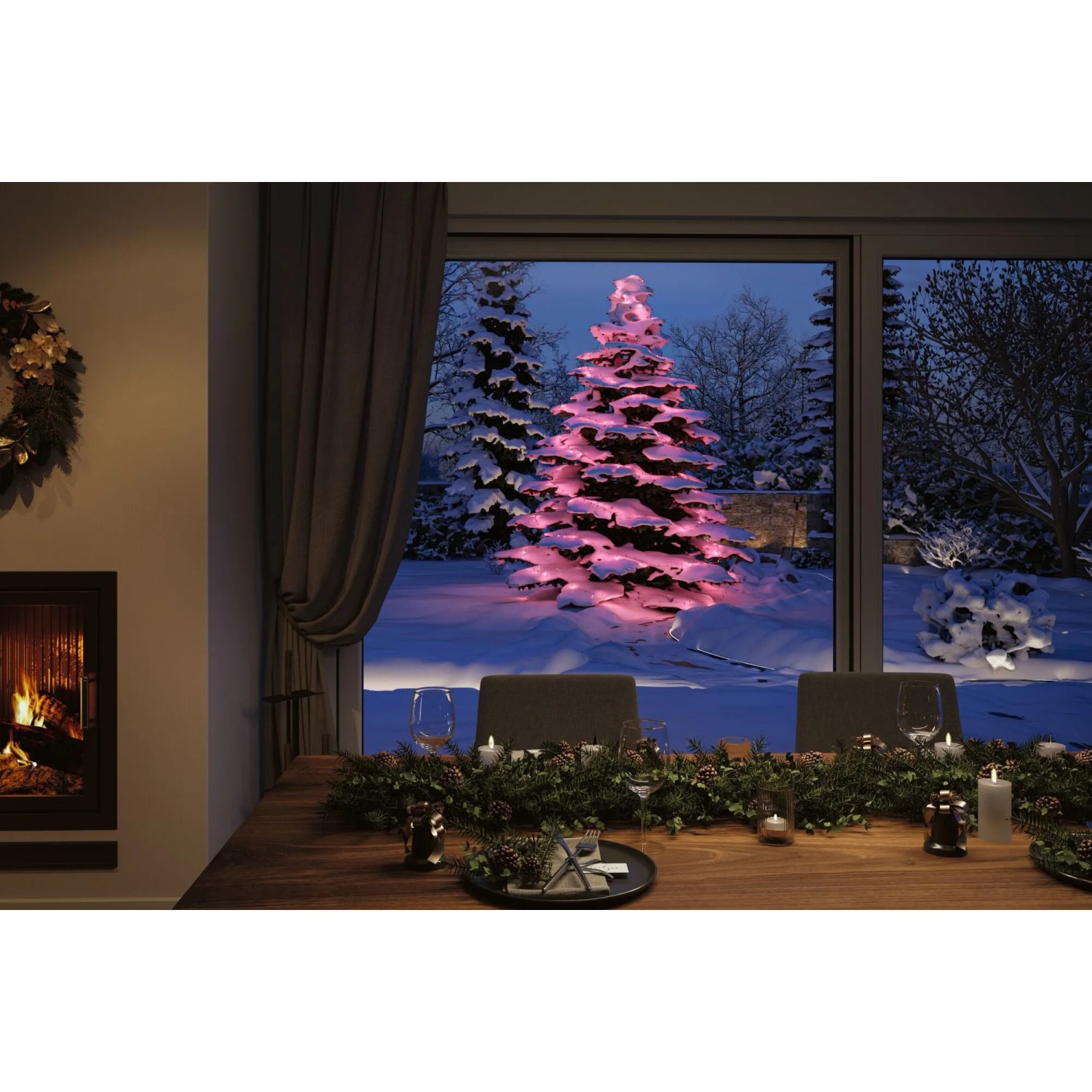 Paulmann LED-Lichterkette Yuna Plug & Shine beleuchtet schneebedeckten Baum mit pinkem Licht. Dekorative Außenbeleuchtung.