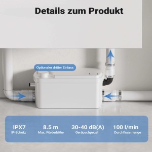 Weiße XPOtool 3/1 Kleinhebeanlage für Abwasser, mit Rohranschlüssen. Zeigt 3 Einlässe, 1 Auslass, 8,5m Förderhöhe, 100l/min, 30-40dB.