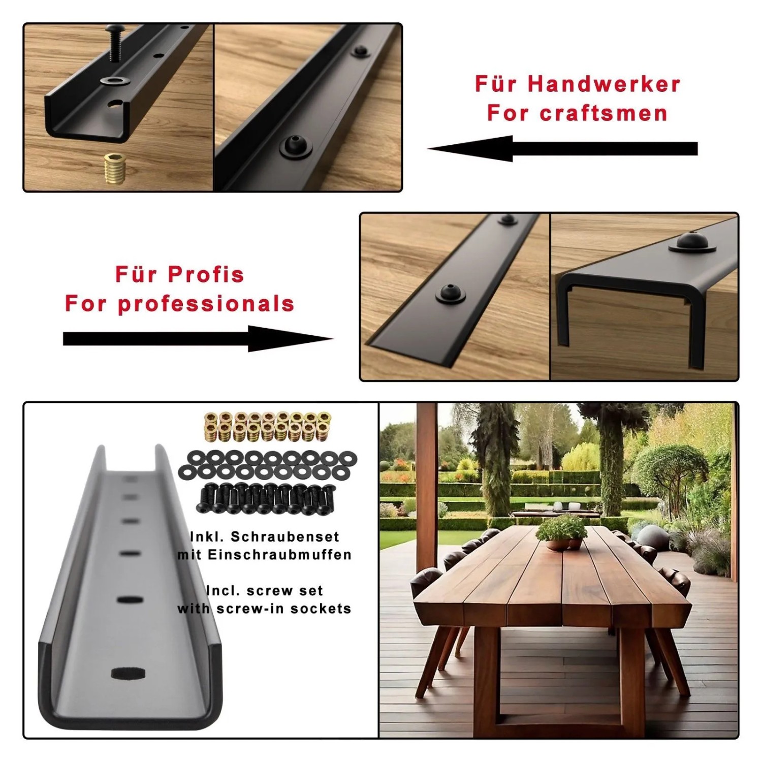 SOTECH 3 Stück Gratleisten U-Form 700 x 40 x 20 mm Schwarz für Tischplatten_2