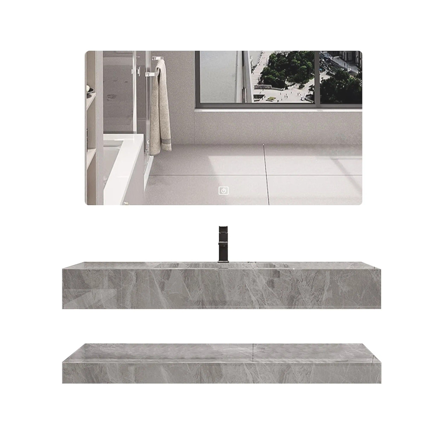 360Home Badezimmer Waschbecken Set LED Spiegel Sinterstein Ablageplatte BG120 Grau 130 CM 006-130