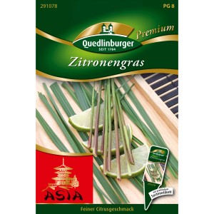Quedlinburger Zitronengras Saatgut: Packung mit frischen Zitronengras Halmen und Limettenscheiben.