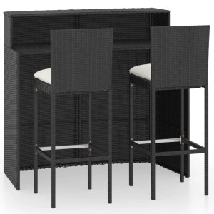 Schwarzes 3-tlg. Gartenbar-Set von vidaXL mit Tisch, 2 Hockern und cremeweißen Kissen.