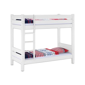 Weißes Etagenbett aus Kiefernholz mit Leiter, Rollrost und Bettkasten.