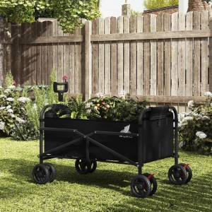 Schwarzer WOLTU Bollerwagen, faltbar, mit Bremsen, beladen mit Pflanzen im Garten.