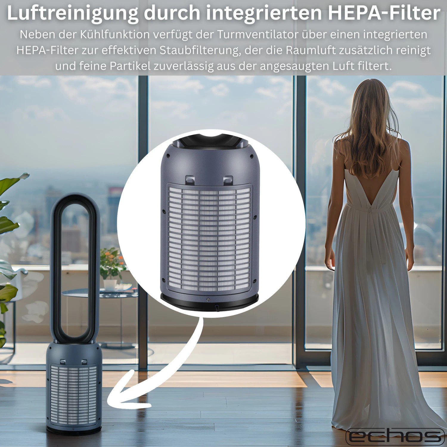 Echos Turmventilator Eco-1220 mit HEPA Filter im Wohnraum, Detailaufnahme des Filters.