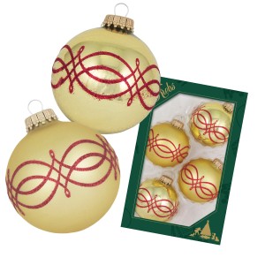 4 goldene Weihnachtskugeln (7cm) von Krebs Glas Lauscha mit roter Banddeko.