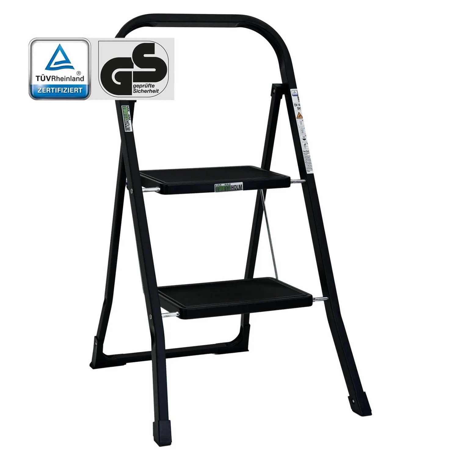 TRUTZHOLM Trittleiter 2 Stufen Klappbar TÜV/GS 150 kg Anti-Rutsch Trittflächen Schwarz