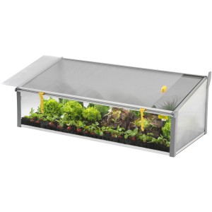 Juwel Frühbeet Bio-Protect 130/60 mit geöffnetem Fenster und Pflanzen.
