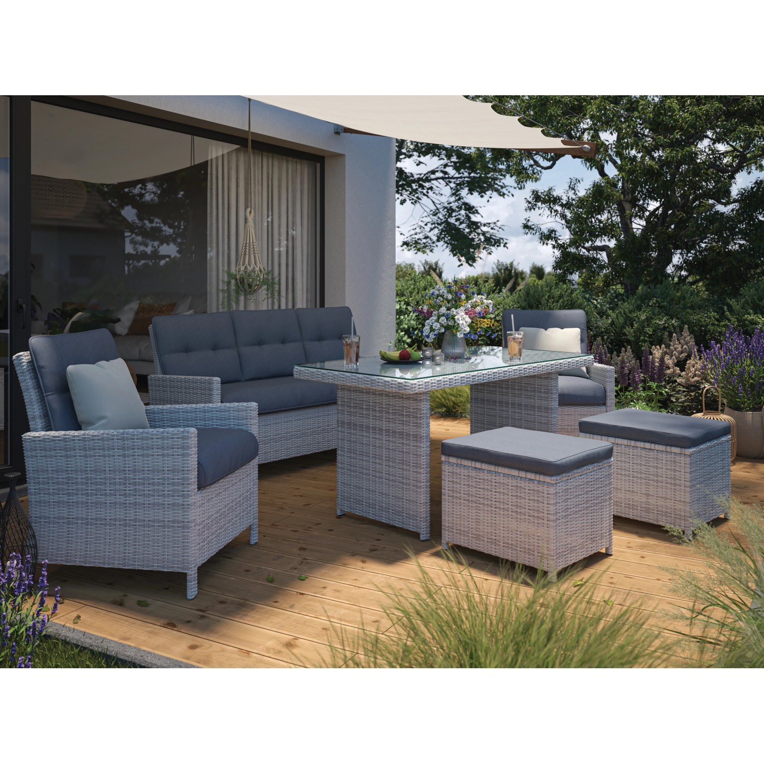 Loungegruppe Luciara 6-teilig Stahl Rattan Hellgrau-Anthrazit günstig online kaufen