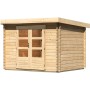 Karibu Gartenhaus Ängelholm aus unbehandeltem Holz mit Pultdach und Doppeltür.
