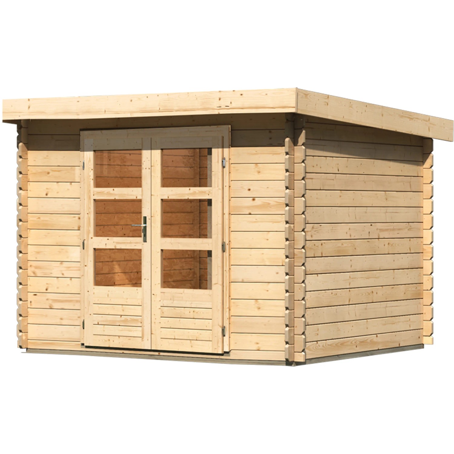 Karibu Gartenhaus Ängelholm aus unbehandeltem Holz mit Pultdach und Doppeltür.