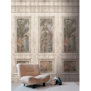 A.S. Création Vliestapete Wallpanel Kassettierung Wald Vintage mit Sessel und Deko.