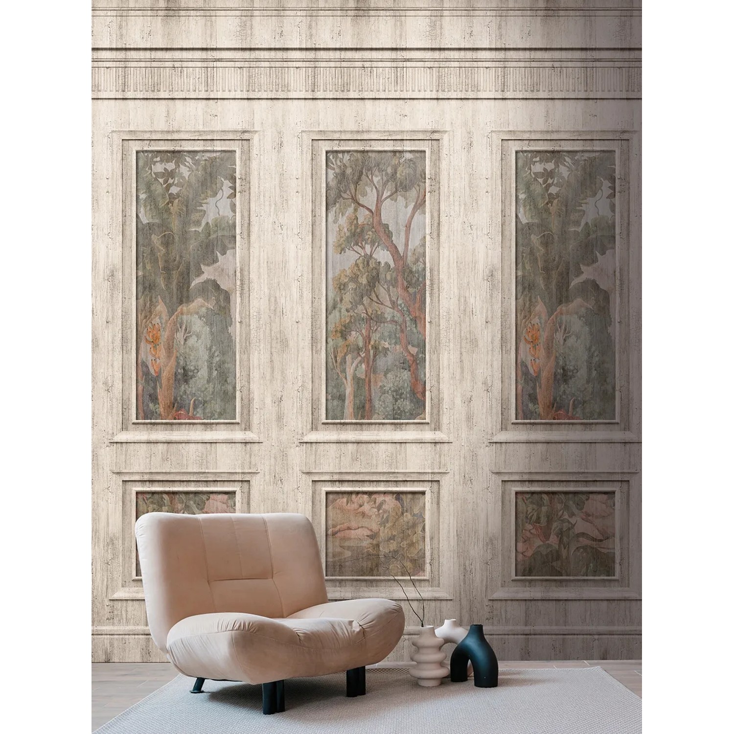 A.S. Création Vliestapete Wallpanel Kassettierung Wald Vintage mit Sessel und Deko.