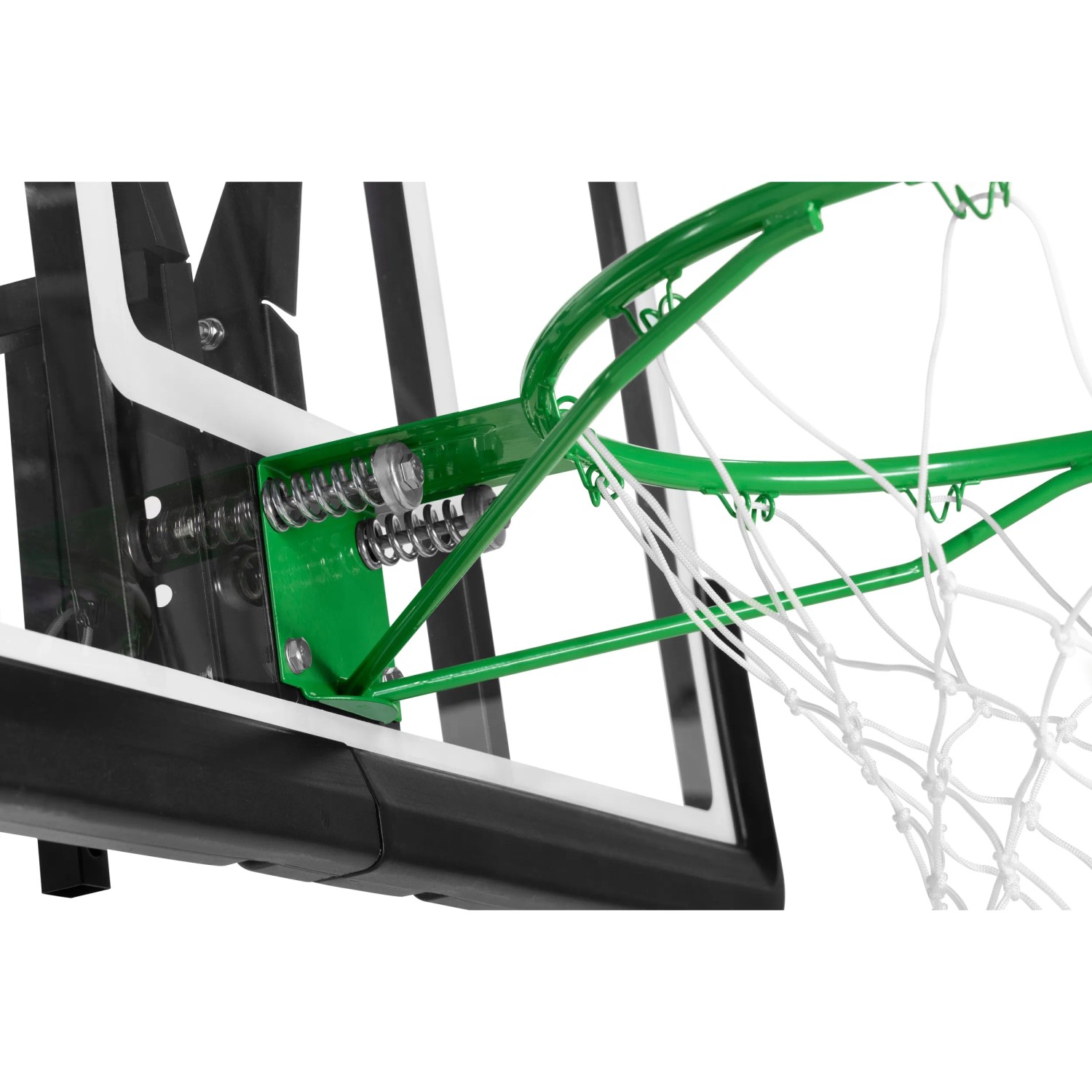 Detailaufnahme: Salta Basketballbrett Center mit grünem Ring und Netz, doppelter Druckfeder.