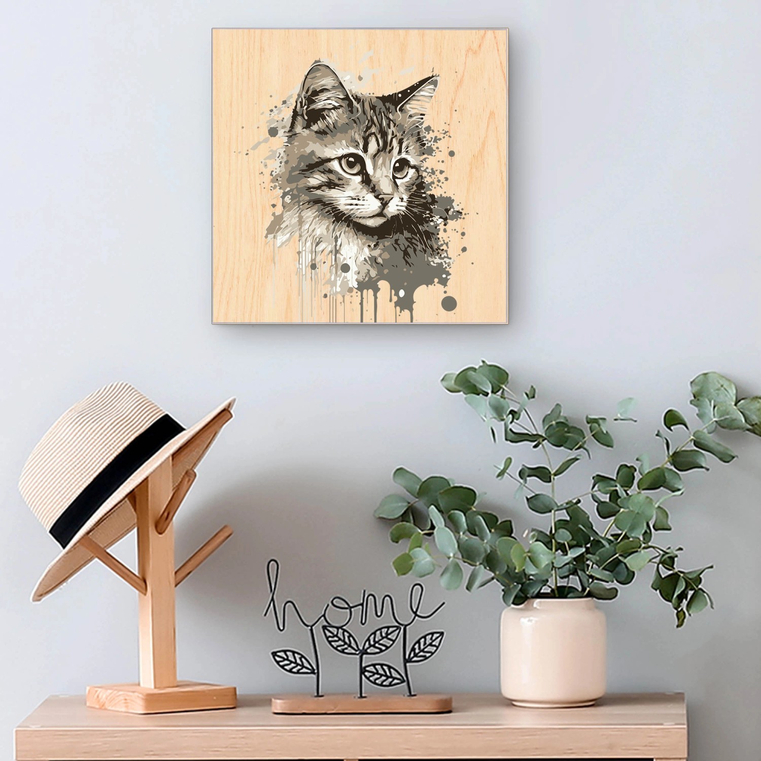 Banjado Schlüsselkasten Holz 30x30cm mit Katzenportrait in Aquarell Optik und 50 Haken.