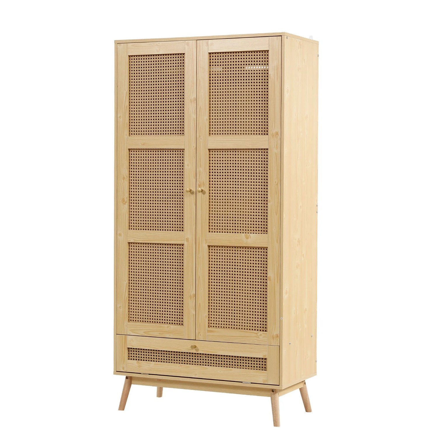 okwish Kleiderschrank mit Rattan Türen Kleiderstange Schlafzimmer 90x45x183cm Natur