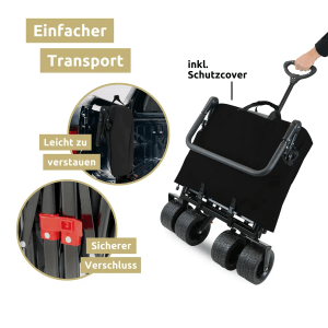 Faltbarer Bollerwagen deluxe4home mit breiten Reifen, schwarz-grau, inklusive Schutzcover.