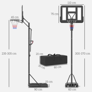 Verstellbarer SPORTNOW Basketballkorb aus Stahl und Kunststoff, mit schwarzem Standfuß und Maßen.