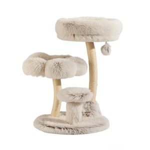 Beiger Fudajo Designer Kratzbaum mit drei Plüsch-Etagen, Sisalstämmen und Spielball für Katzen.