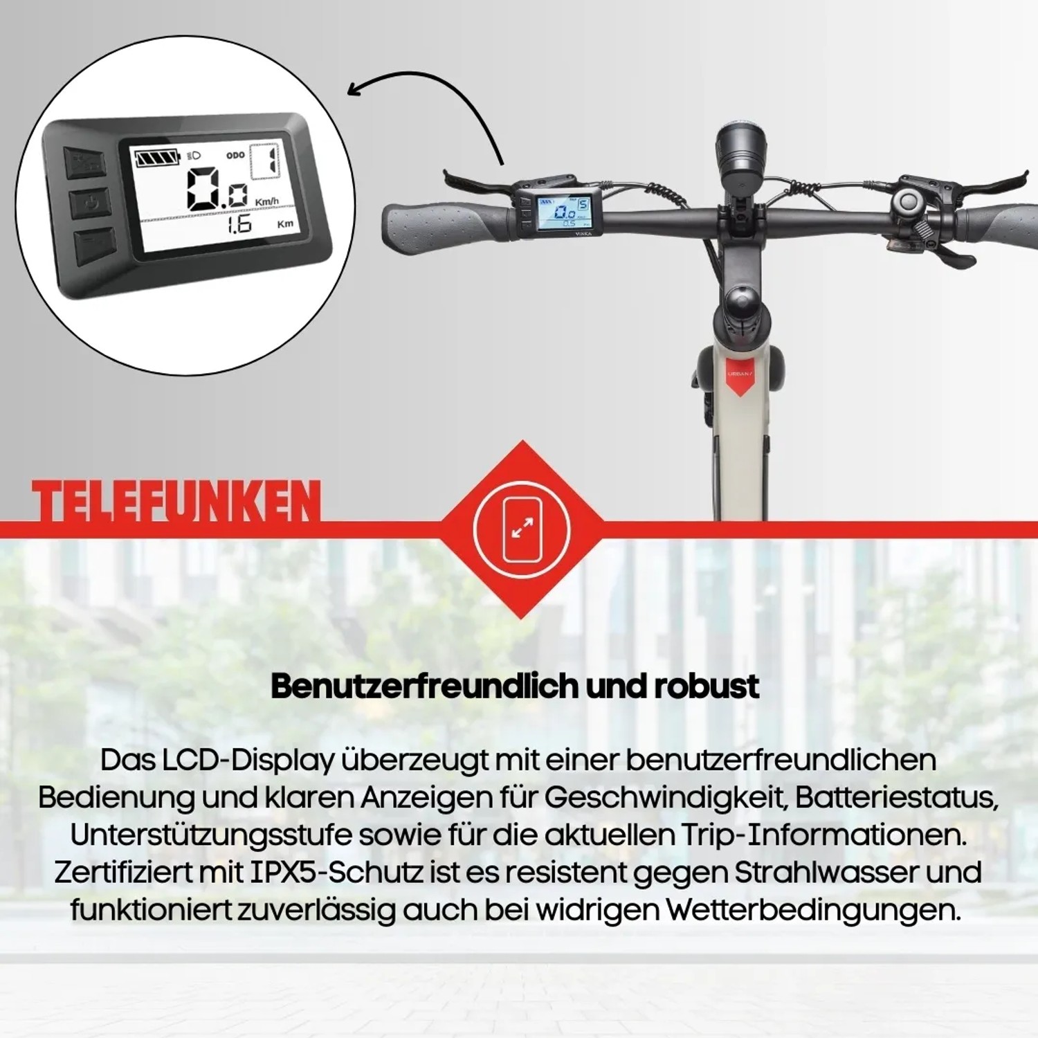 TELEFUNKEN UH210 E-Bike: Nahaufnahme des LCD-Displays am Lenker in Seidengrau.