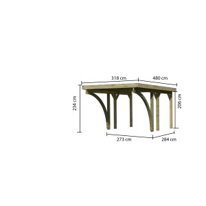 Karibu Einzelcarport Classic mit Maßen. Holzcarport mit Stahl-Dacheindeckung und stabilen Pfosten.