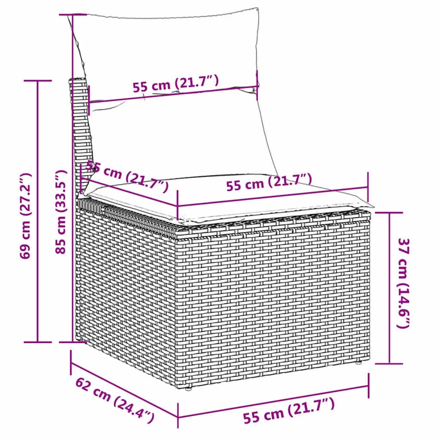 Skizze eines braunen Gartensofas aus Rattan mit roten Kissen und Maßangaben.
