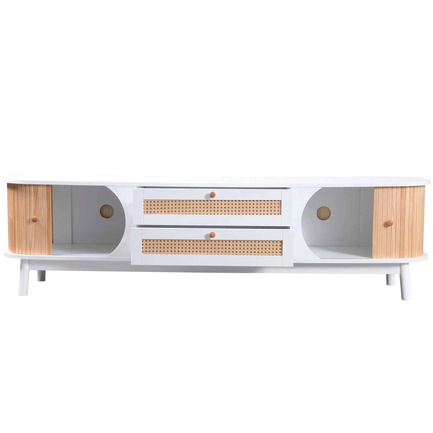 okwish TV Schrank mit Türen und Schubladen und Rattan Seiten 170x39x46cm Weiß