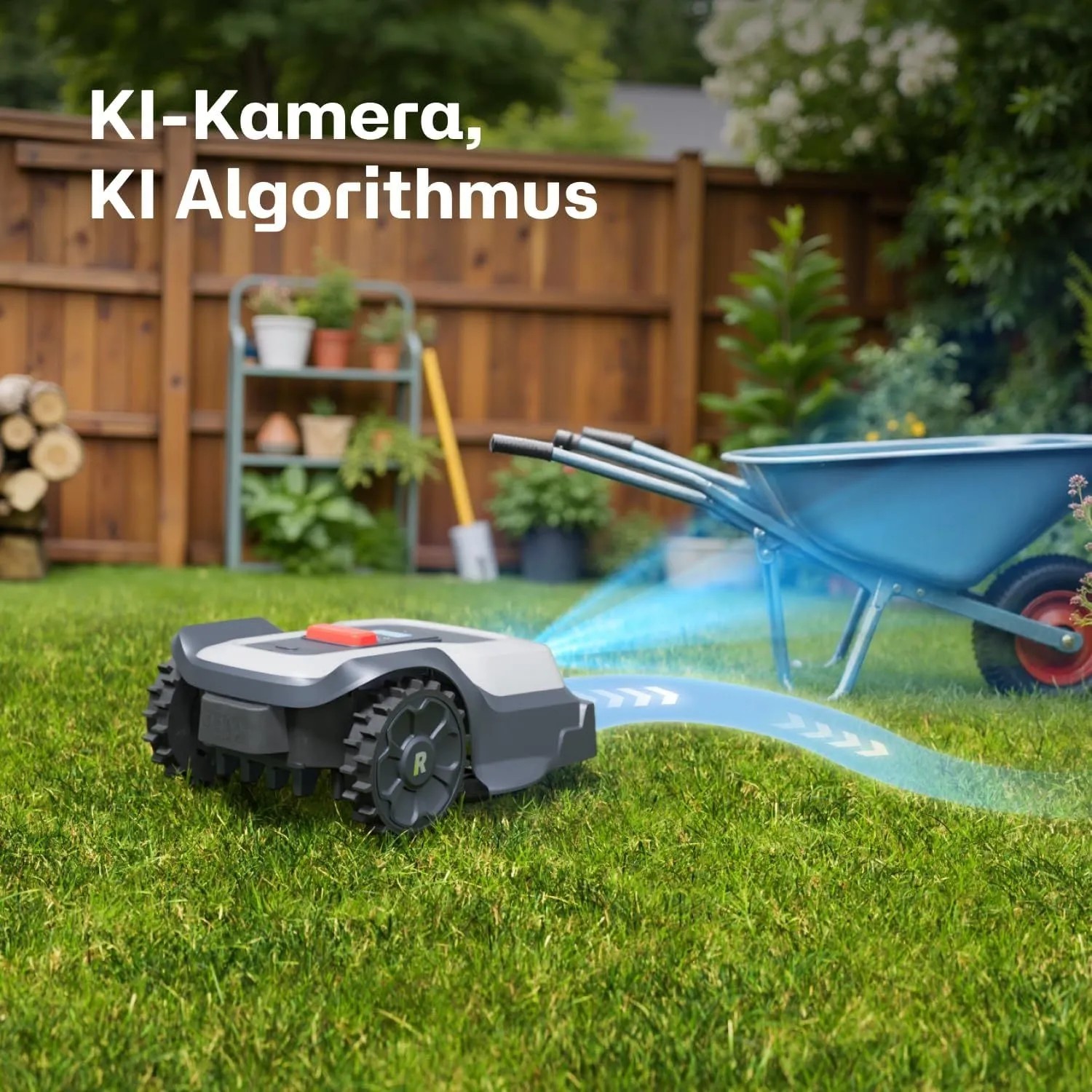 RoboUP T600 Mähroboter auf Rasen im Garten, mit KI-Kamera und KI-Algorithmus für kabelloses Mähen.
