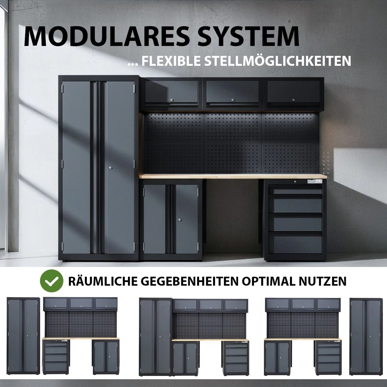 TRUTZHOLM Werkstattwand, 13-teiliges Schranksystem aus Stahl in Anthrazit mit Arbeitsplatte.