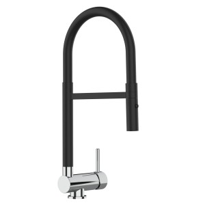 VIZIO Küchenarmatur für Vorfenster-Montage, schwarz matt/chrom, mit schwenkbarem Auslauf und Handbrause.