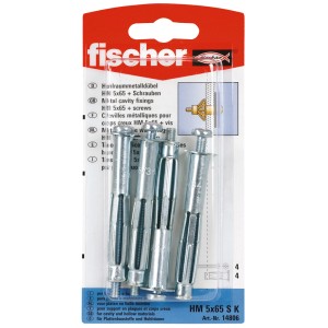 Fischer Hohlraumdübel HM 5x65 SK, 4 Stück, aus Metall mit Schrauben für Gipskarton und Hohldecken.