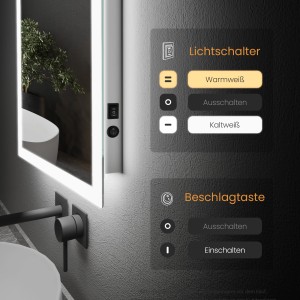 Detailaufnahme Emke LED Badspiegel mit Schaltern für Lichtfarbe (warmweiß/kaltweiß) und Beschlagfrei-Funktion.