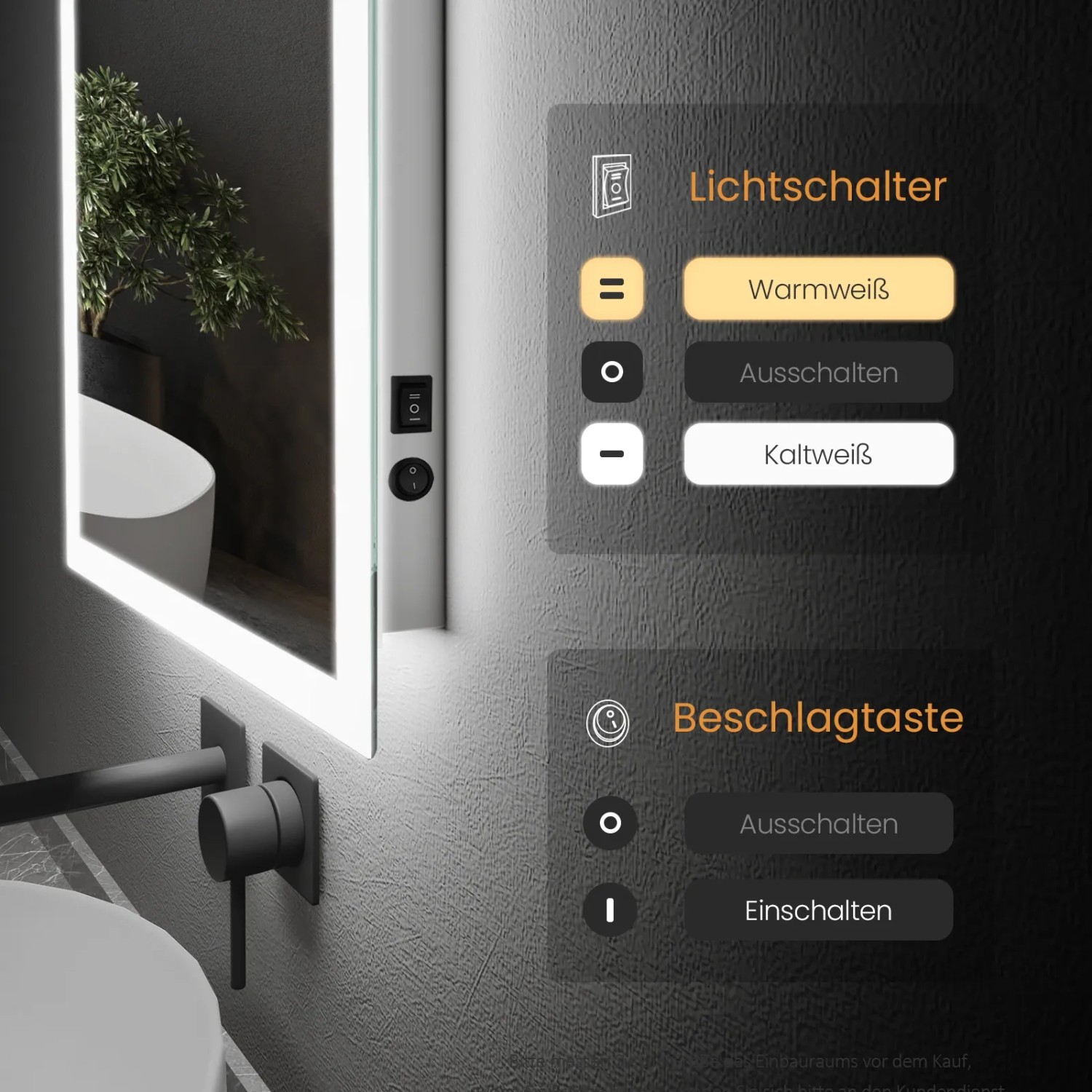 Detailaufnahme Emke LED Badspiegel mit Schaltern für Lichtfarbe (warmweiß/kaltweiß) und Beschlagfrei-Funktion.