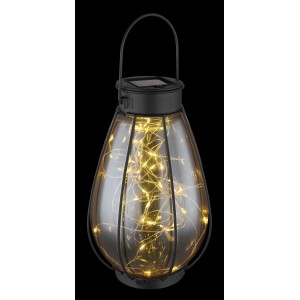 Schwarze, matte Globo Solarleuchte aus Metall, 30 cm, mit amberfarbenem Glas und LED-Lichterkette.