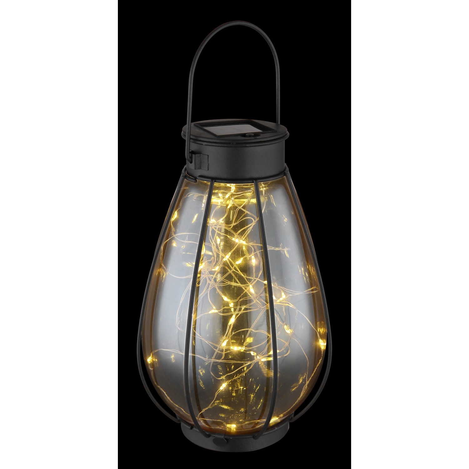 Schwarze, matte Globo Solarleuchte aus Metall, 30 cm, mit amberfarbenem Glas und LED-Lichterkette.