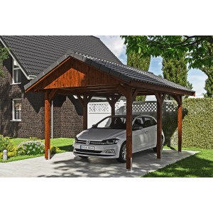 Satteldach-Carport Wallgau in Nussbaum mit Dachlattung und Auto. Holzkonstruktion mit sechs Pfosten.