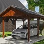 Satteldach-Carport Wallgau in Nussbaum mit Dachlattung und Auto. Holzkonstruktion mit sechs Pfosten.