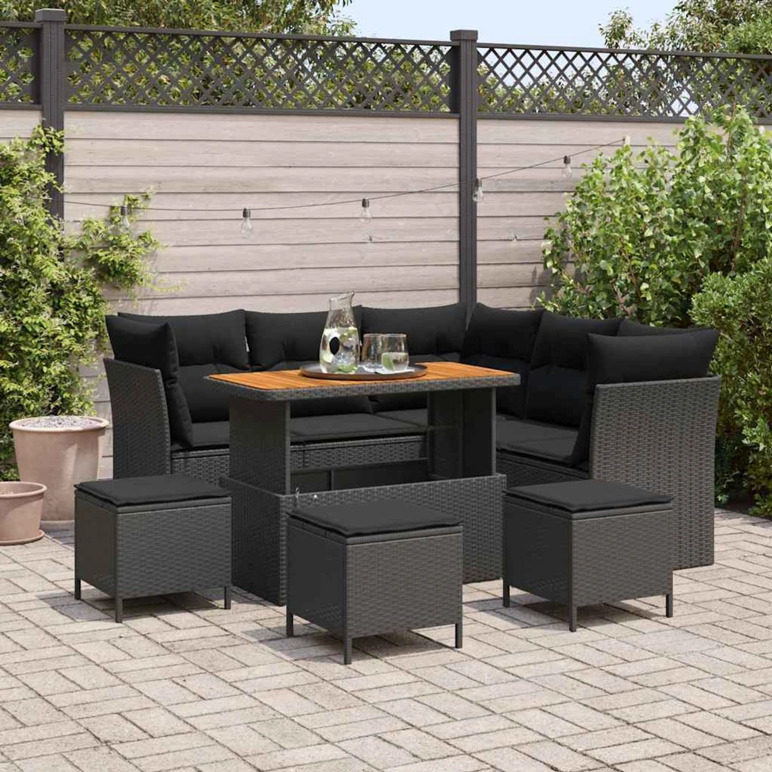 Schwarzes 9-teiliges Garten-Sofa-Set aus Rattan und Akazie von vidaXL.