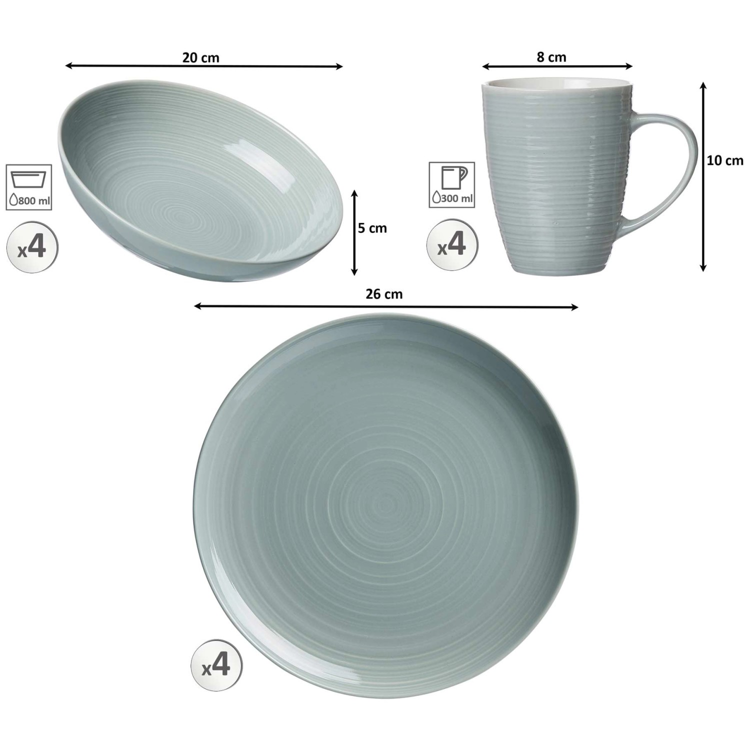 Ritzenhoff & Breker Suomi Kombiservice, 12-teilig, graublau: Teller, Schale, Becher im Set.