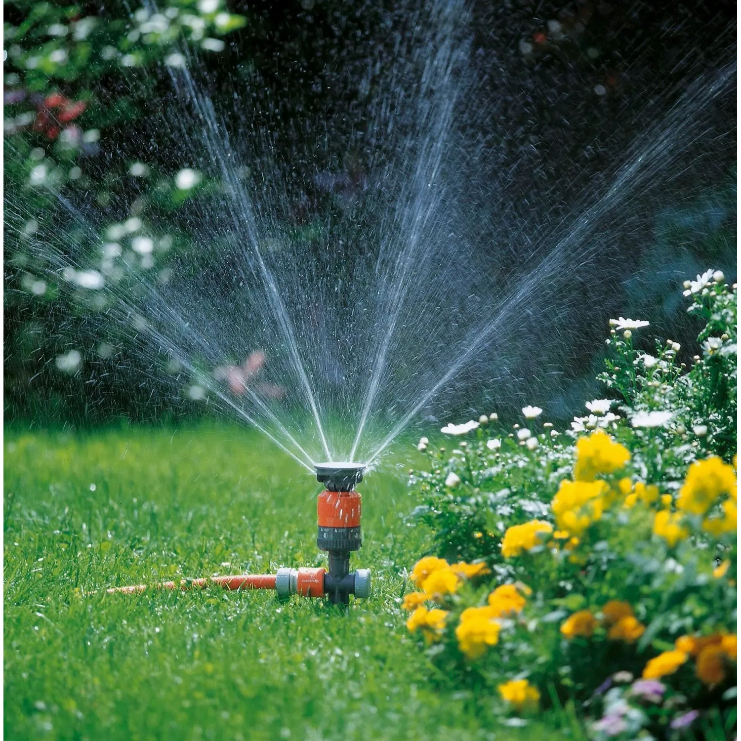 Gardena Comfort Kreisregner Vario auf Spike bewässert Rasenfläche. Regner mit Wasserstrahl im Garten.