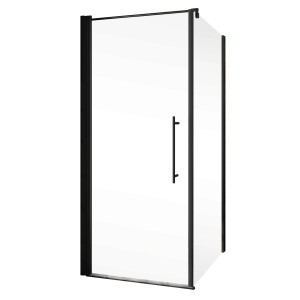 Schulte Alexa Style 2.0 Eckdusche mit Drehtür und Seitenwand, mattschwarze Profile.