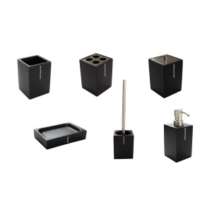 Bagnoxx Bad-Set Schwarz mit Toilettenbürstenhalter, Seifenspender, Zahnputzbecher und Seifenschale.