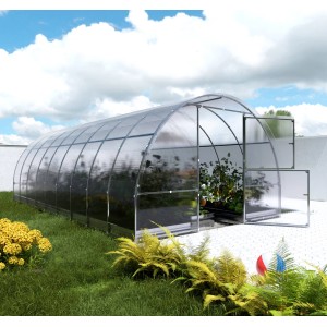 Klasika Gewächshaus 18m² mit Polycarbonatabdeckung, Tür geöffnet.