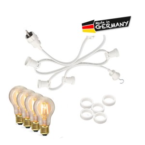 Weiße Satisfire Partylichterkette 10m mit 20 LED Filamentlampen für Terrasse und Biergarten.