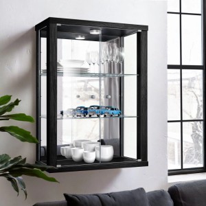 Schwarze K-Möbel Wandvitrine mit Glasböden, LED und Spiegel. Made in Germany.