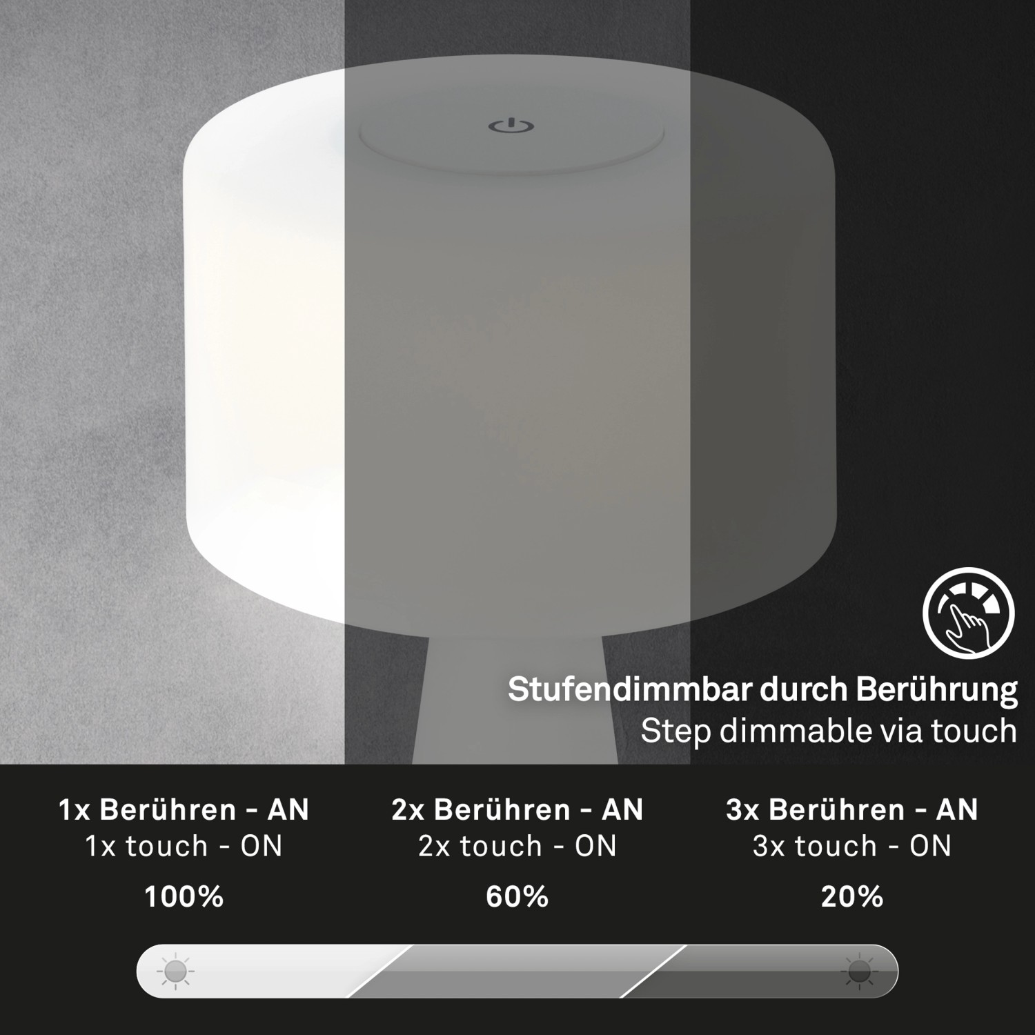 Weiße Brilo Akku-Tischleuchte mit Touchdimmer für den Innen- und Außenbereich.