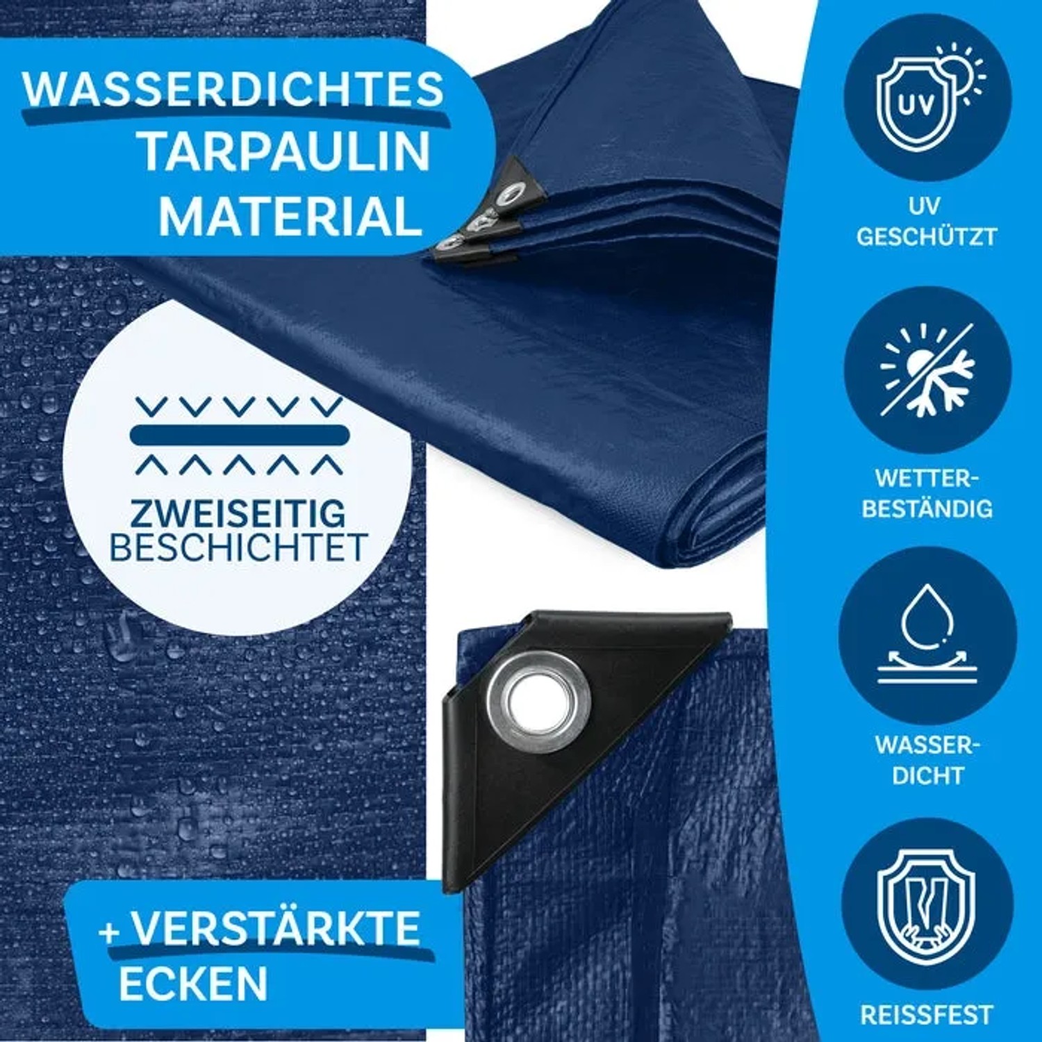 Blaue Karat Abdeckplane 10x12m: Wasserdichte Schutzplane mit Ösen, verstärkten Ecken und UV-Schutz.